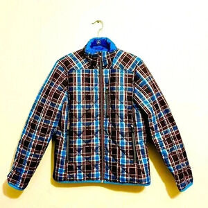 Lands’ End women’s sz extra XS 2-4, navy plaid ski jacket, hike
